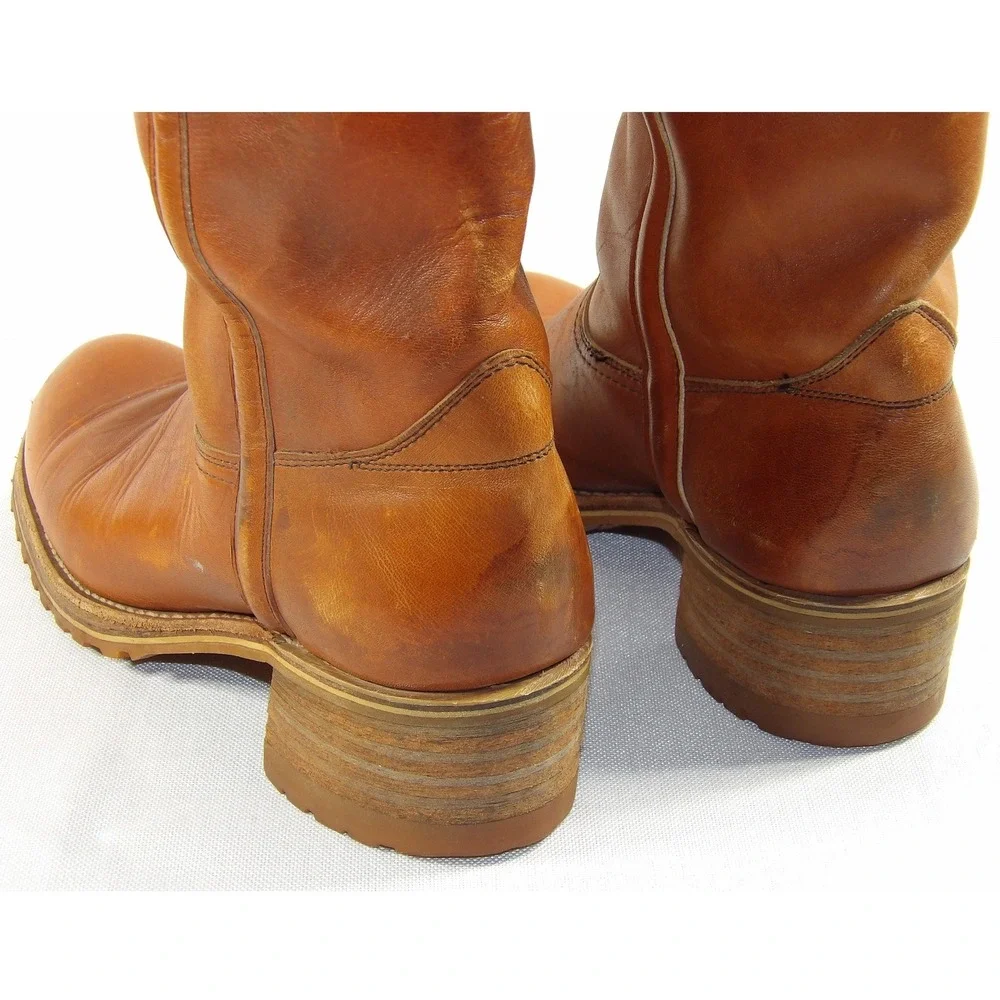 Vintage Tall Leather Pull On Boots Mens 8.5 Tan Good Vibram Lug Sole Work Moto